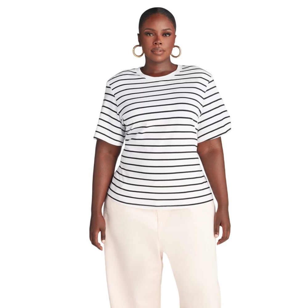 KBB by Kahlana Women's White Black Striped Crewneck Short Sleeve T-Shirt Size 1X